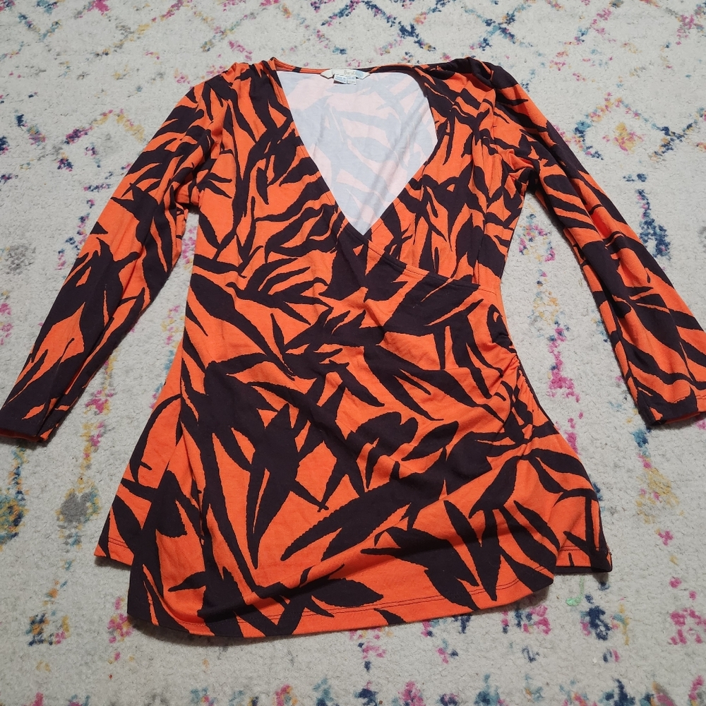 Boden Leaf Print Orange Wrap Blouse